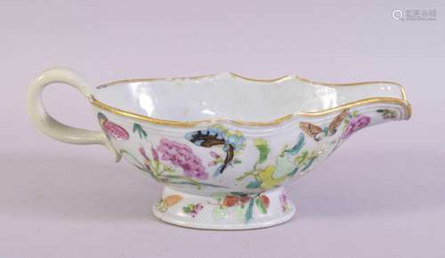 A CHINESE FAMILLE ROSE PORCELAIN SAUCE BOAT, painted with bu...