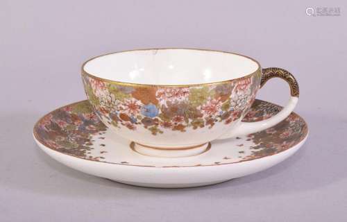 A SMALL JAPANESE KINKOZAN SATSUMA CUP AND SAUCER, finely dec...