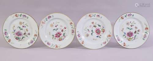 FOUR SMALL CHINESE FAMILLE ROSE PORCELAIN PLATES, each paint...