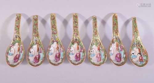 A SET OF SEVEN CHINESE CANTON PORCELAIN SPOONS, each bowl pa...