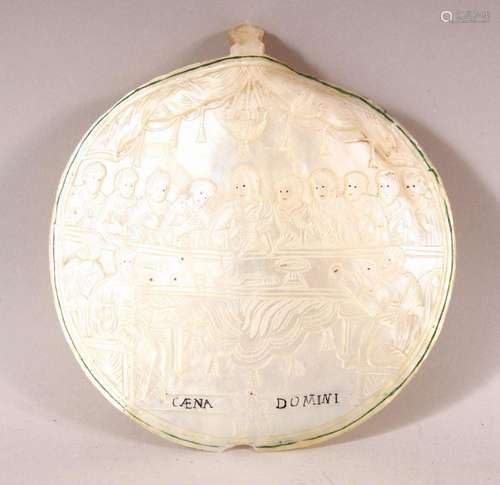 A FINE 18TH/19TH CENTURY JERUSALEM CARVED MOTHER OF PEARL SH...