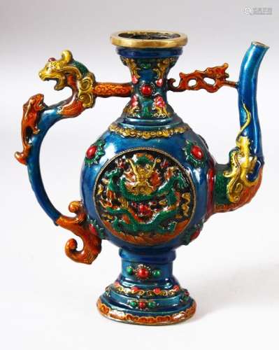 AN UNUSUAL CHINESE ENAMELLED EWER, with zoomorphic handle an...