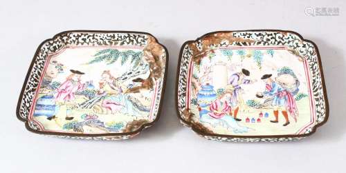 A PAIR OF CHINESE CANTON ENAMELLED DISHES, painted with Euro...