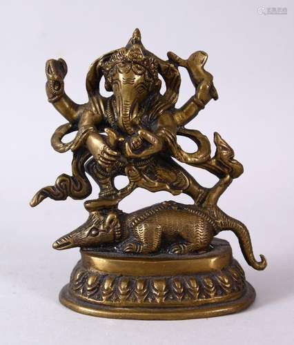 A SMALL INDIAN BRONZE FIGURE OF GANESH UPON BEAST, upon a st...