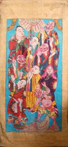 A LARGE CHINESE PAINTED TEXTILE THANGKA, painted with scenes...