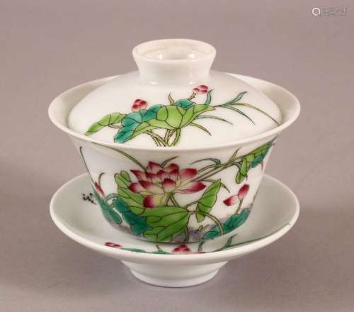 A 20TH CENTURY CHINESE FAMILLE ROSE PORCELAIN BOWL, COVER &a...