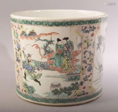 A CHINESE KANGXI STYLE FAMILLE VERTE PORCELAIN BRUSH POT - d...