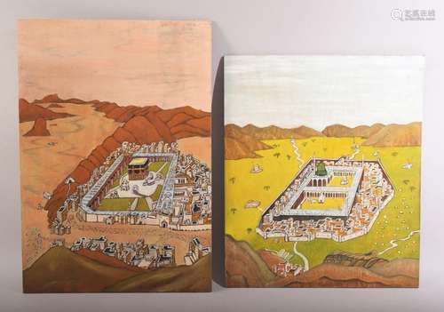 AN ISLAMIC TURKISH PAINTING OF MECCA ON WOOD, together with ...