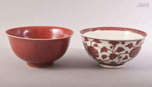 TWO CHINESE PORCELAIN BOWLS, one with red and white floral d...