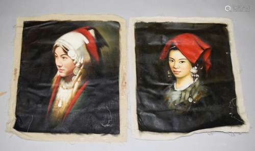 TWO GOOD CHINESE PAINTED PORTRAITS ON CANVAS, unstretched an...