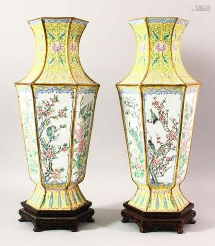 A LARGE PAIR OF CHINESE ENAMEL VASES & STANDS, the vases...