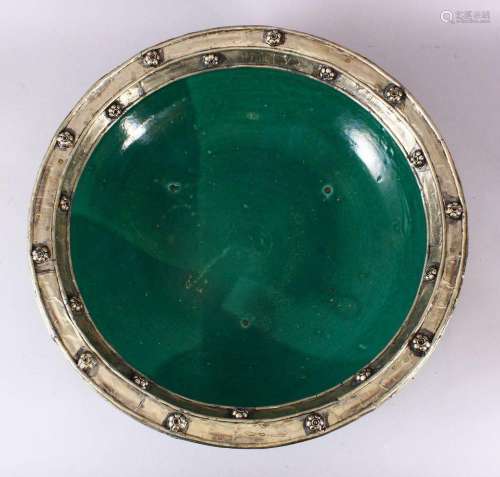 AN EARLY EASTERN GREEN GLAZED & WHITE METAL LARGE POTTER...