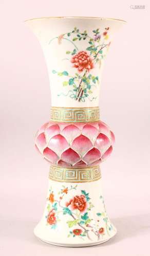 A GOOD TALL CHINESE FAMILLE ROSE GU SHAPE VASE, painted with...