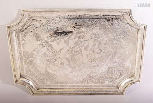 A GOOD PERSIAN ENGRAVED WHITE METAL TRAY, the centre depicti...