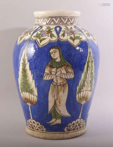 A LARGE PERSIAN QAJAR GLAZED POTTERY VASE, the body painted ...