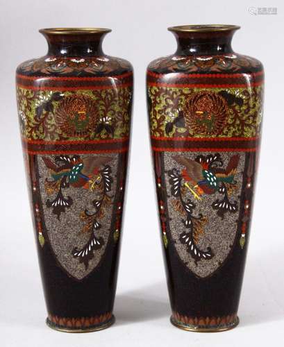 A PAIR OF JAPANESE CLOISONNE VASES, with panels of phoenix a...