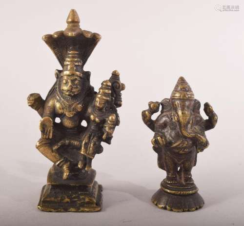 TWO SMALL INDIAN BRASS FIGURES of deities, 9cm and 6cm.