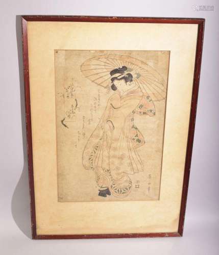 A JAPANESE WOODBLOCK PRINT OF A GEISHA, framed and glazed, 5...