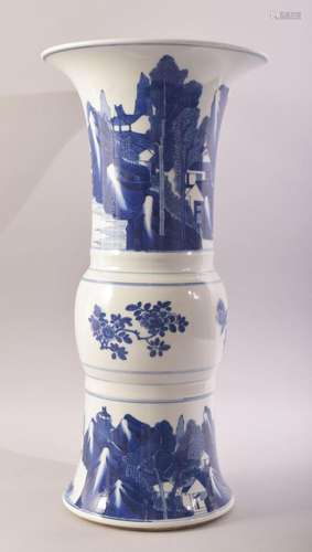 A CHINESE BLUE AND WHITE PORCELAIN GU SHAPE VASE, painted wi...