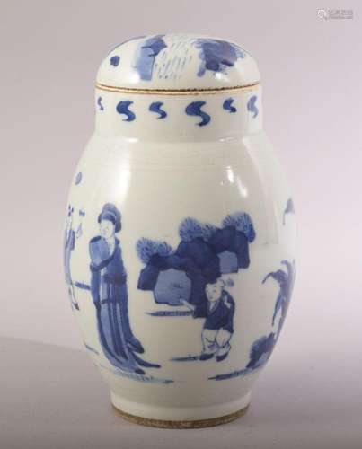 A CHINESE BLUE AND WHITE PORCELAIN JAR AND COVER, decorated ...