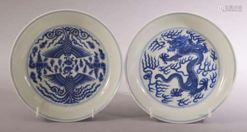 A PAIR OF CHINESE BLUE AND WHITE PORCELAIN DISHES, one paint...