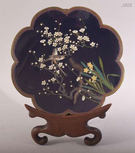 A GOOD JAPANESE CLOISONNE DISH AND STAND, the dish decorated...