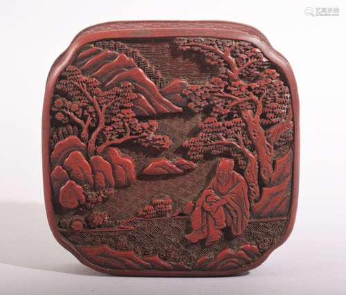 A GOOD CHINESE CINNABAR LACQUER BOX AND COVER, the lid with ...