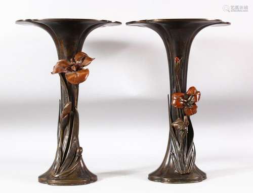 A PAIR OF JAPANESE BRONZE FLUTED VASES, with naturalisticall...