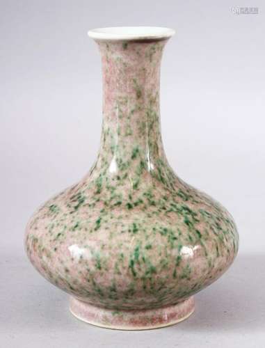 A CHINESE PEACH BLOSSOM GLAZED PORCELAIN BOTTLE VASE, six ch...