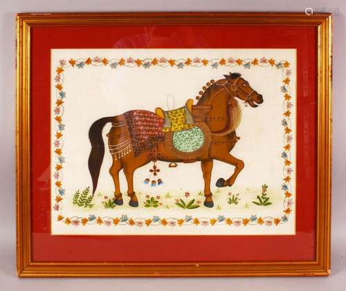 AN INDIAN PAINTING OF A HORSE ON SILK, with a floral border,...