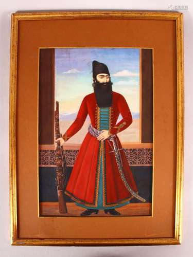 A GOOD LARGE PAINTED PORTRAIT OF FATH 'ALI SHAH, standi...