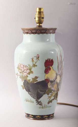 A GOOD CHINESE PALE BLUE GROUND CLOISONNE COCKEREL LAMP, the...