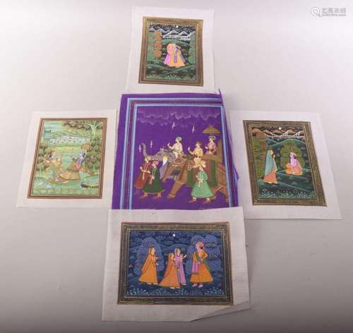 FIVE INDIAN PAINTINGS ON SILK, together with associated port...