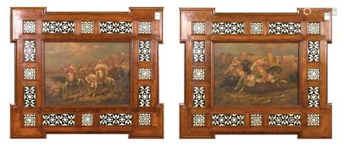 A PAIR OF 20TH CENTURY OIL ON PANEL SCENES OF EASTERN HORSEM...