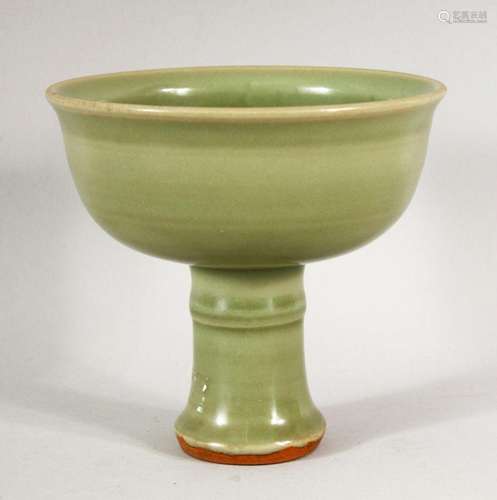 A GOOD CHINESE CELADON STEM CUP, the inside with incised dec...