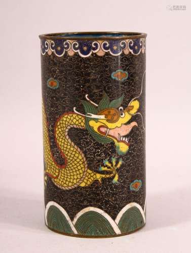 A 19TH CENTURY CHINESE CLOISONNE DRAGON BRUSH POT - depictin...