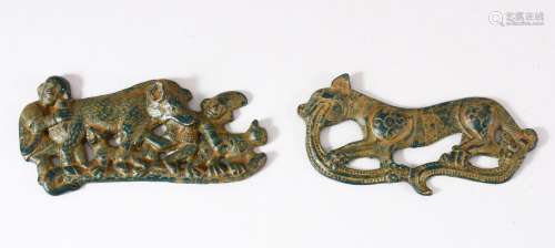TWO CHINESE BRONZE PLAQUES, one in the form of a creature, t...