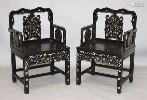 A GOOD PAIR OF CHINESE CARVED HARDWOOD CHAIRS, inlaid with m...