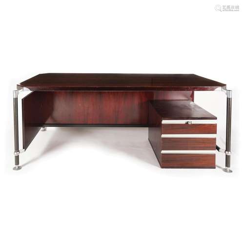 A wood and metal office desk