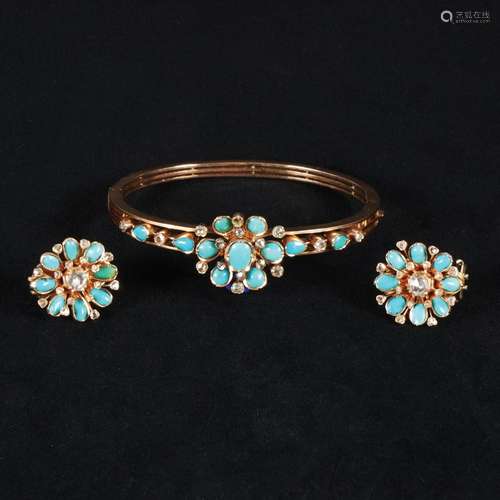 A 9kt. gold, turquoise and diamonds demi-parure