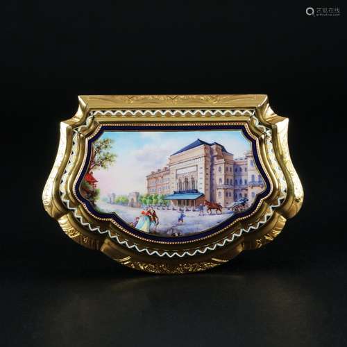 A 18kt. gold and enamel shaped snuff box, possibly Swiss, 18...