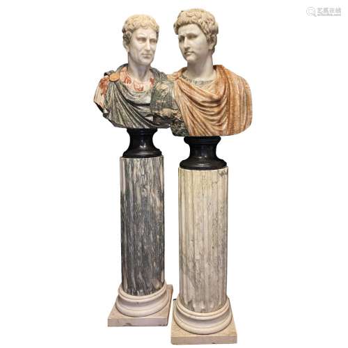 2 white marble, jasper and cipollino busts of a Roman empero...
