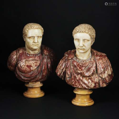 A pair of Roman polychrome marbles busts of an emperor, 19th...
