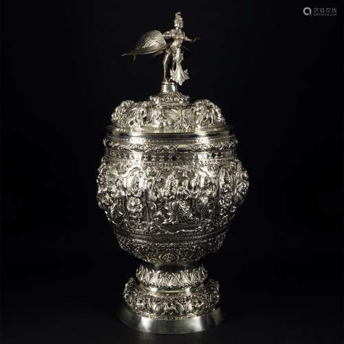 A Burmese embossed large silver cup and cover, 19th century