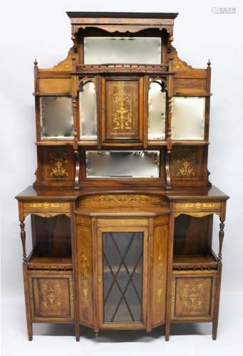 A GOOD EDWARDIAN ROSEWOOD AND MARQUETRY SIDE CABINET, the up...