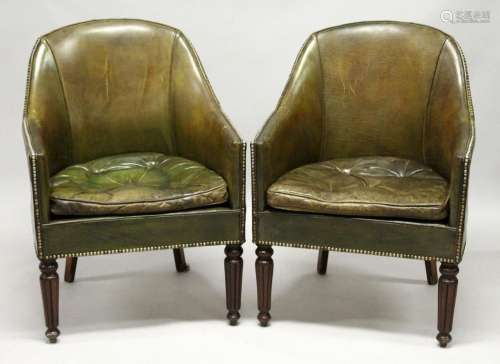 A GOOD PAIR OF LEATHER TUB ARMCHAIRS with brass studs on tap...
