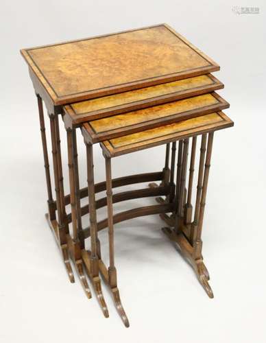 A GOOD MAHOGANY QUARTETTO, each table inlaid with a burrwood...