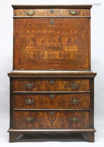 AN 18TH CENTURY WALNUT ESCRITOIRE, with a frieze drawer abov...