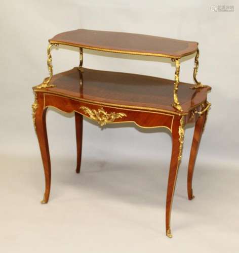 A GOOD LOUIS XVI STYLE TWO-TIER TABLE, with chequered inlay ...