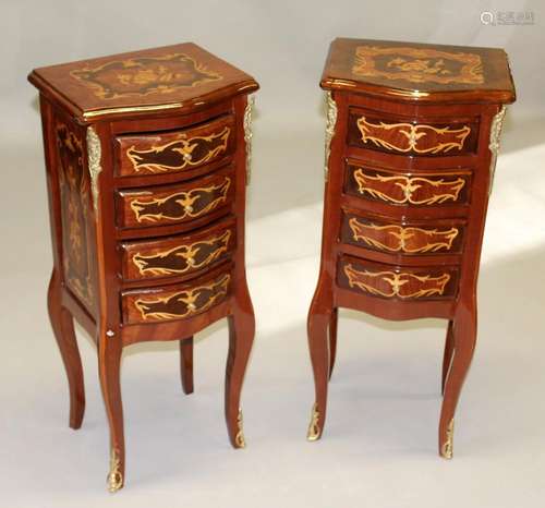 A PAIR OF SERPENTINE FRONTED INLAID BEDSIDE CABINET with thr...